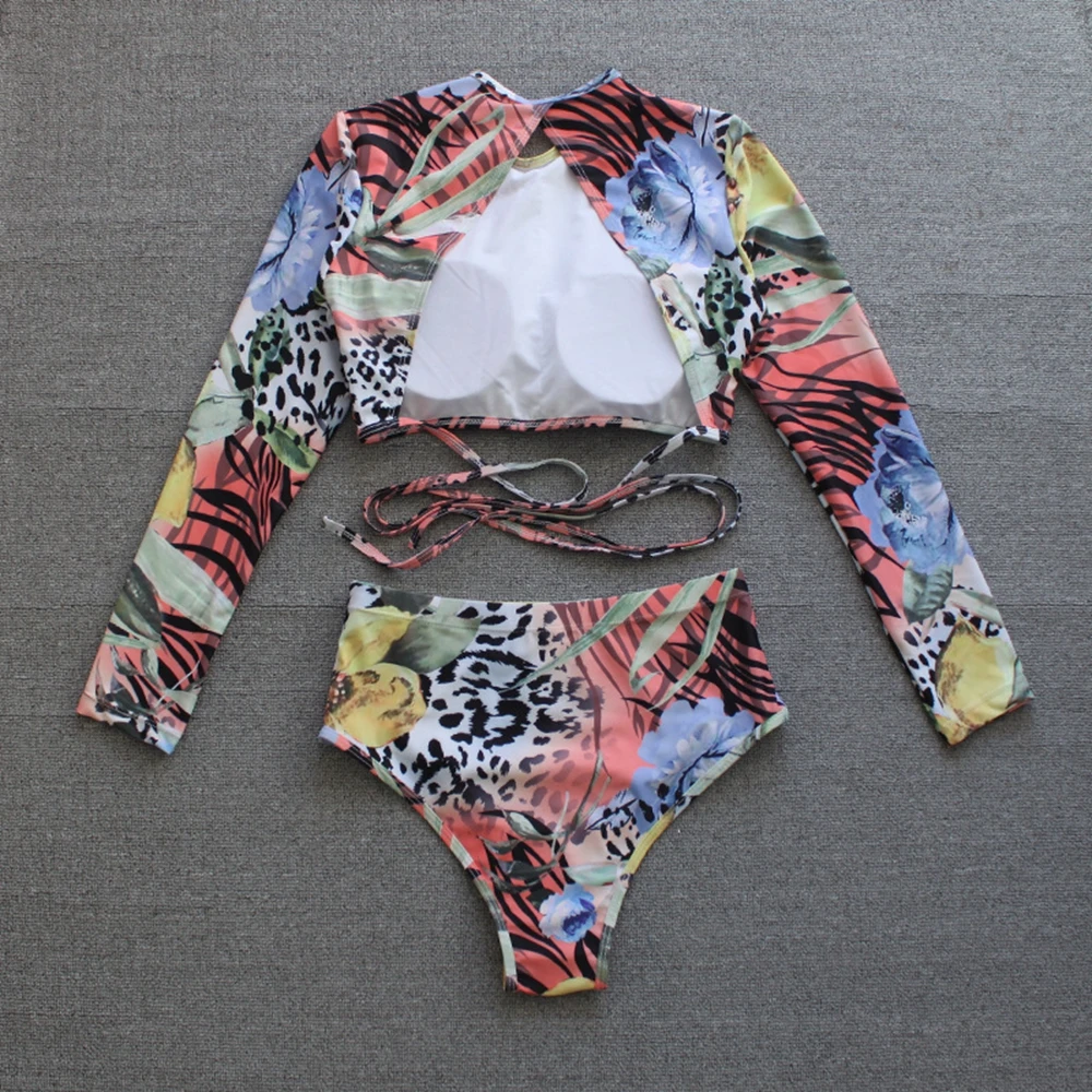

2021 Long Sleeves Swimsuit Women High Waist Bikini Set Print Swimwear Female Retro Bathing Suits Summer Beach Wear Swimming Suit