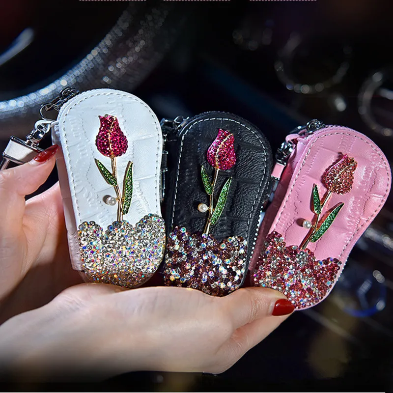 

2019 creative birthday gifts fashion ladies car interior decorations rose flowers diamond car key case