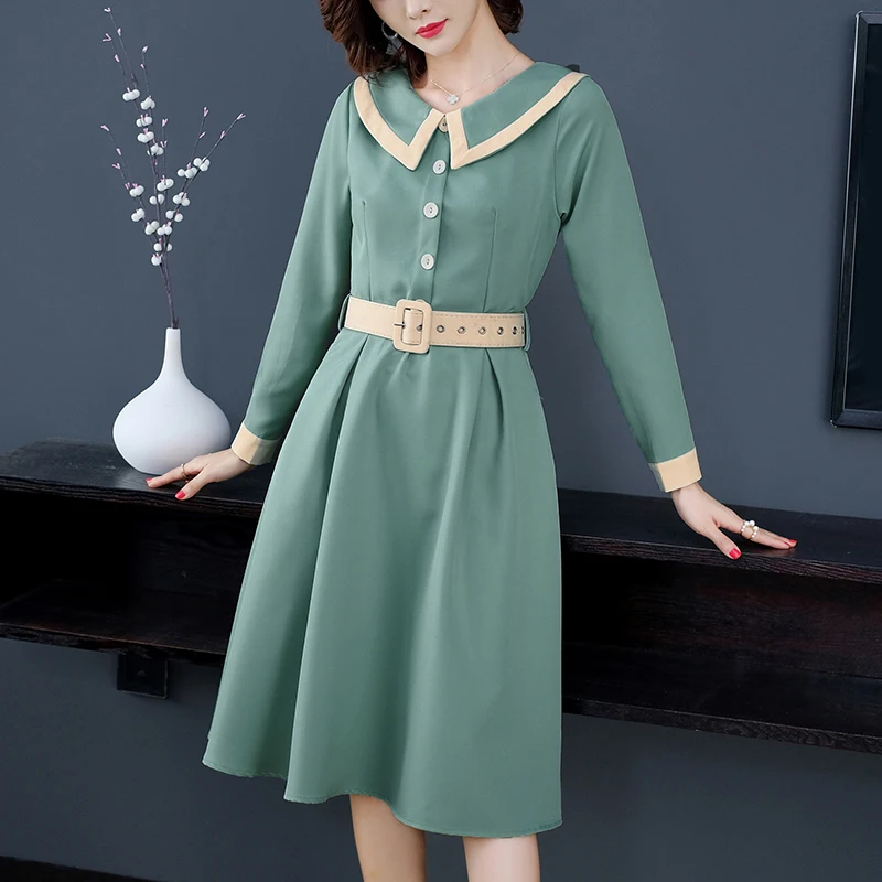 Модное Элегантное женское платье с отложным воротником и длинным рукавом тонкое