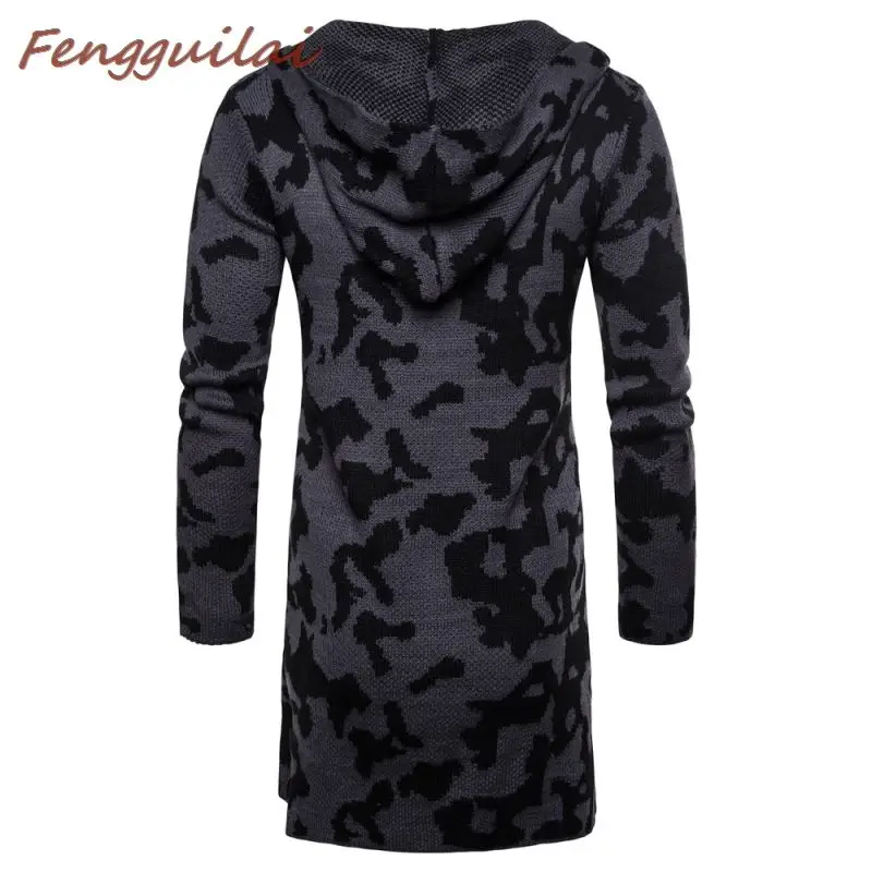 

2019 Autumn New Men's Long Hooded Cardigan Sweaters Male Camouflage Long Sweater Outerwear Men Slim Fit Knitted Cardigan Coat