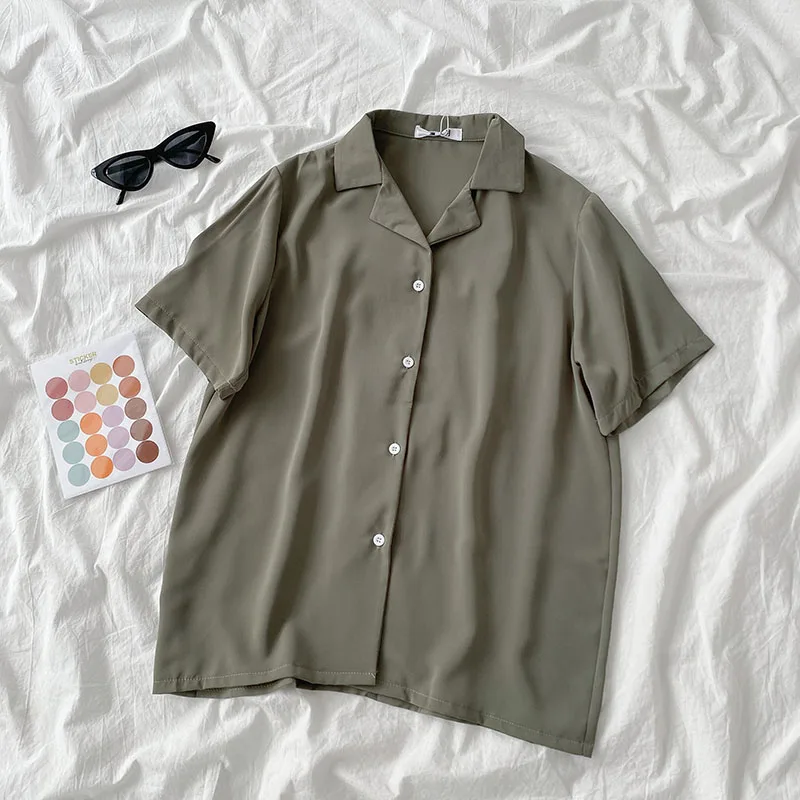 

Casual Basic Short Sleeve Blouse Women V-neck Loose Office Formal Shirt Female Fashion Blue Yellow Cardigan Tops