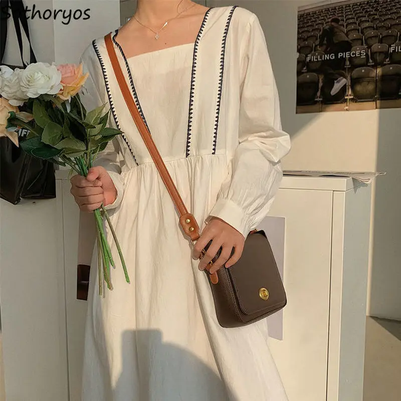 

Long Sleeve Dress Women Autumn A-Line Midi Japan Style Preppy Popular Trendy Lovely Patchwork Daily Simple Square Collar Female