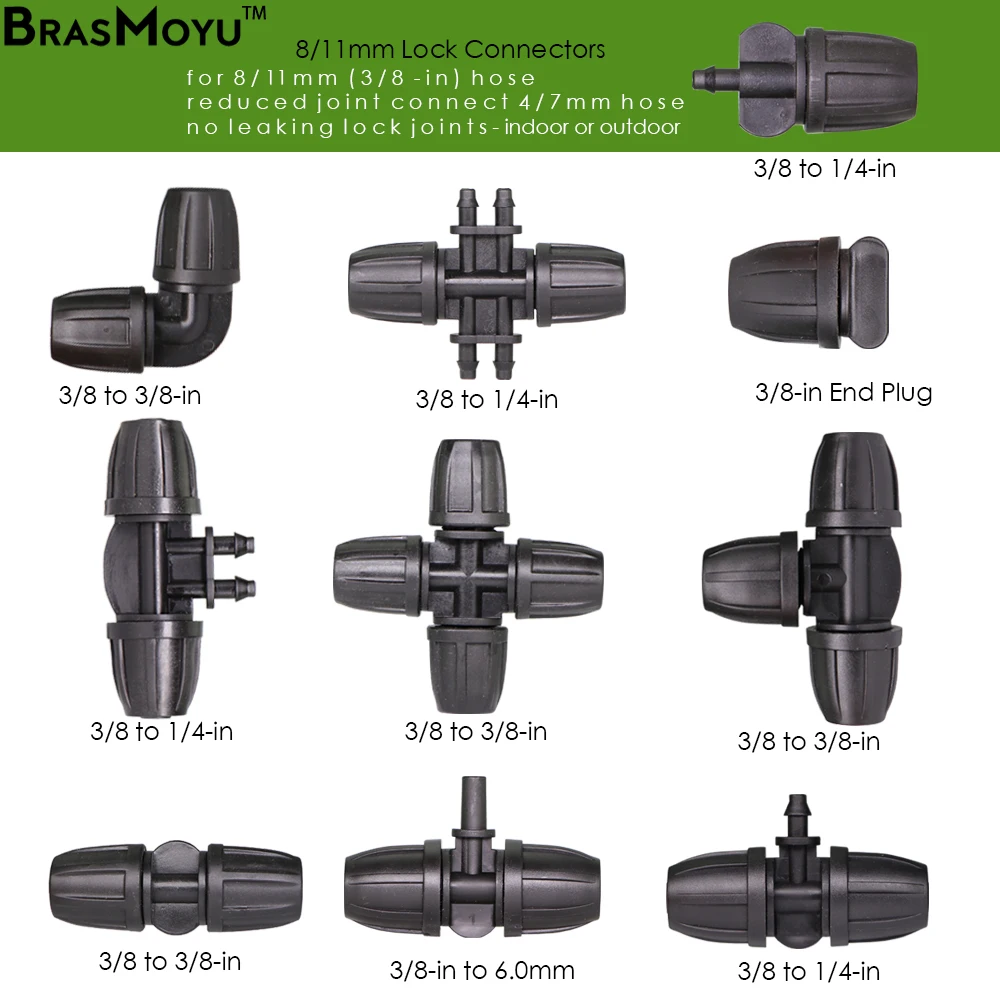 

BRASMOYU 8/11mm Water Hose Connector Plug Garden Irrigator Lock Coupling Adapter 3/8'' with 1/4" 6.0mm Watering Joint for Tubing