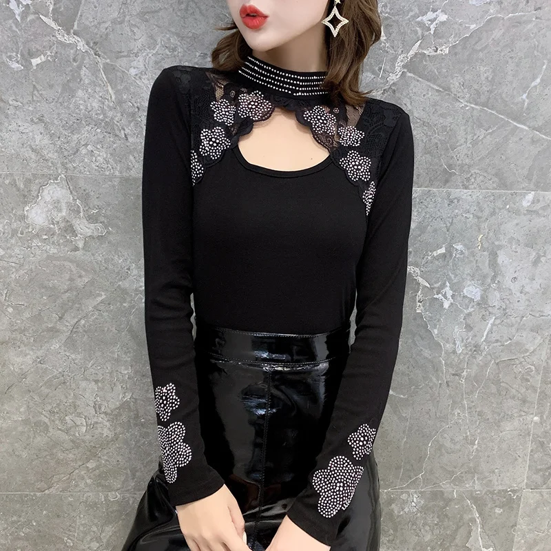 Женская футболка Стразы с цветочным принтом 2019 весенне-осенне-зимние топы