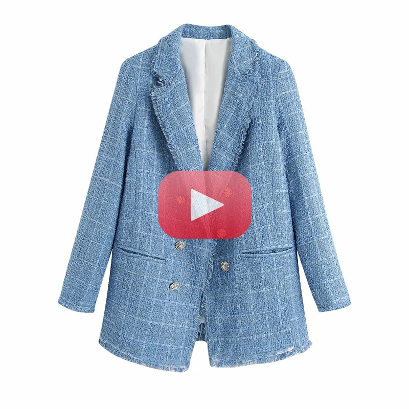 

Coat Long Blazer Female Fashion Jewellery Vintage Women Tweed Za Blue Button Double Breasted Long Sleeve Loose Blazer Outwea
