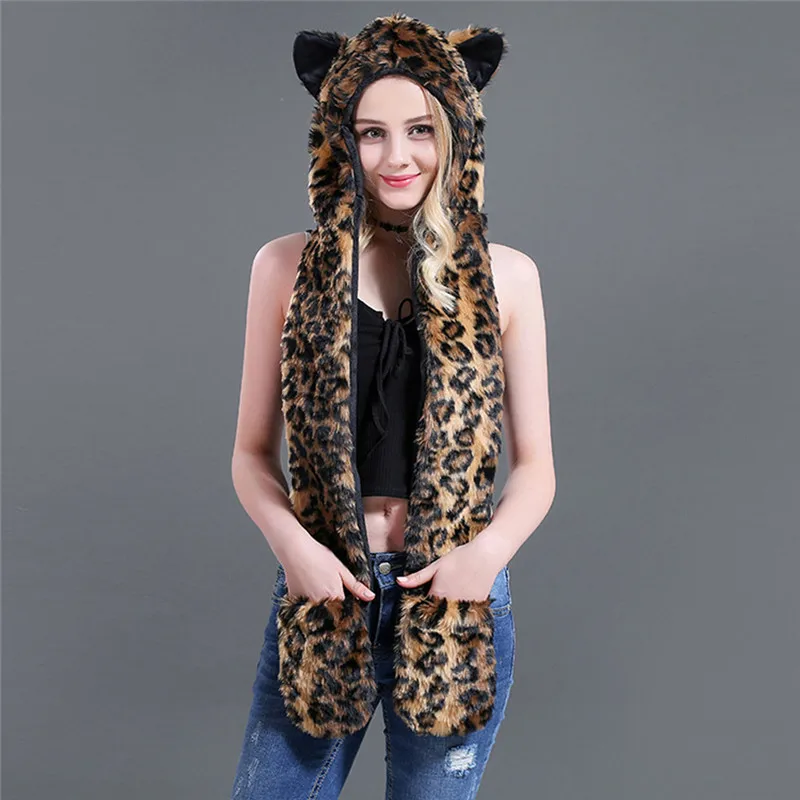 Многофункциональный шарф женская зимняя шапка с ушками волка кота облегающие