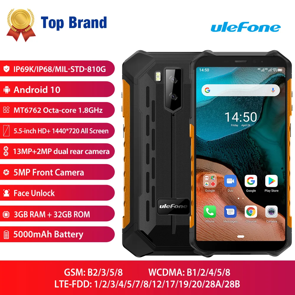 

Android 10 4G LTE Mobile Phone Ulefone Armor X5 Smartphone MT6762 Octa Core Ip68 Rugged Waterproof Cell Phone 3GB 32GB NFC