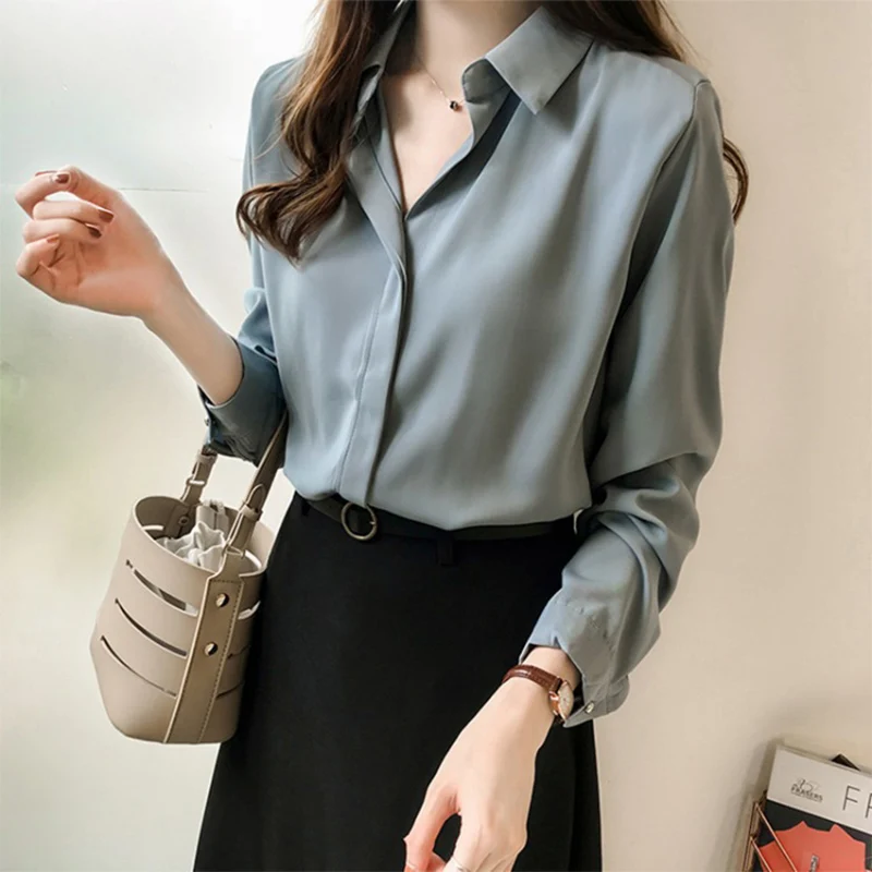 

Chiffon Shirt Blouses Women's Spring And Summer 2021 New Korean Loose Long Sleeve Professional Wear Ladie's Top Plus Size
