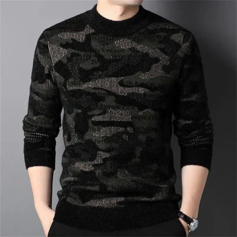 New Spring Autumn Men's Casual Round Neck Knit Sweater Youth Fashion Camouflage Pattern Sweater Top mens green sweater
