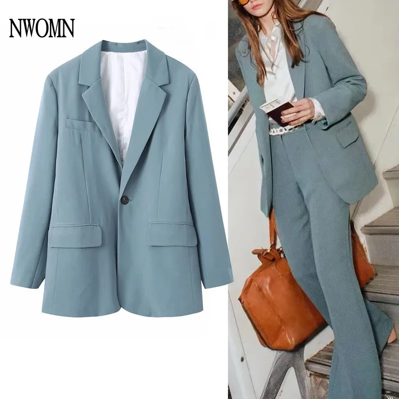 

NWOMN Za Blazer Women 2 Piece Set 2021 Elegant Blue Office Ladies Jackets Coat + High Waisted Pants Suits Chic Women Blazers Set