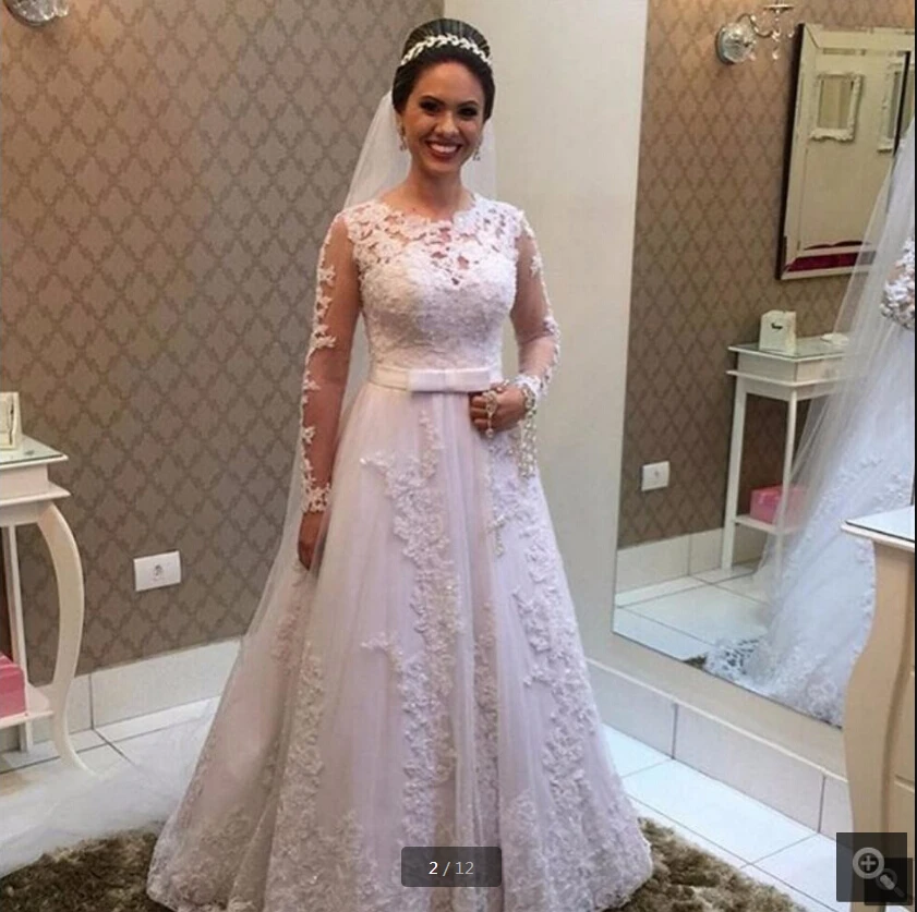 

Modest Long Sleeve A Line Wedding Dress Gown Lace Appliques beaded floor length wedding gowns Vestidos De Noivas hot sale