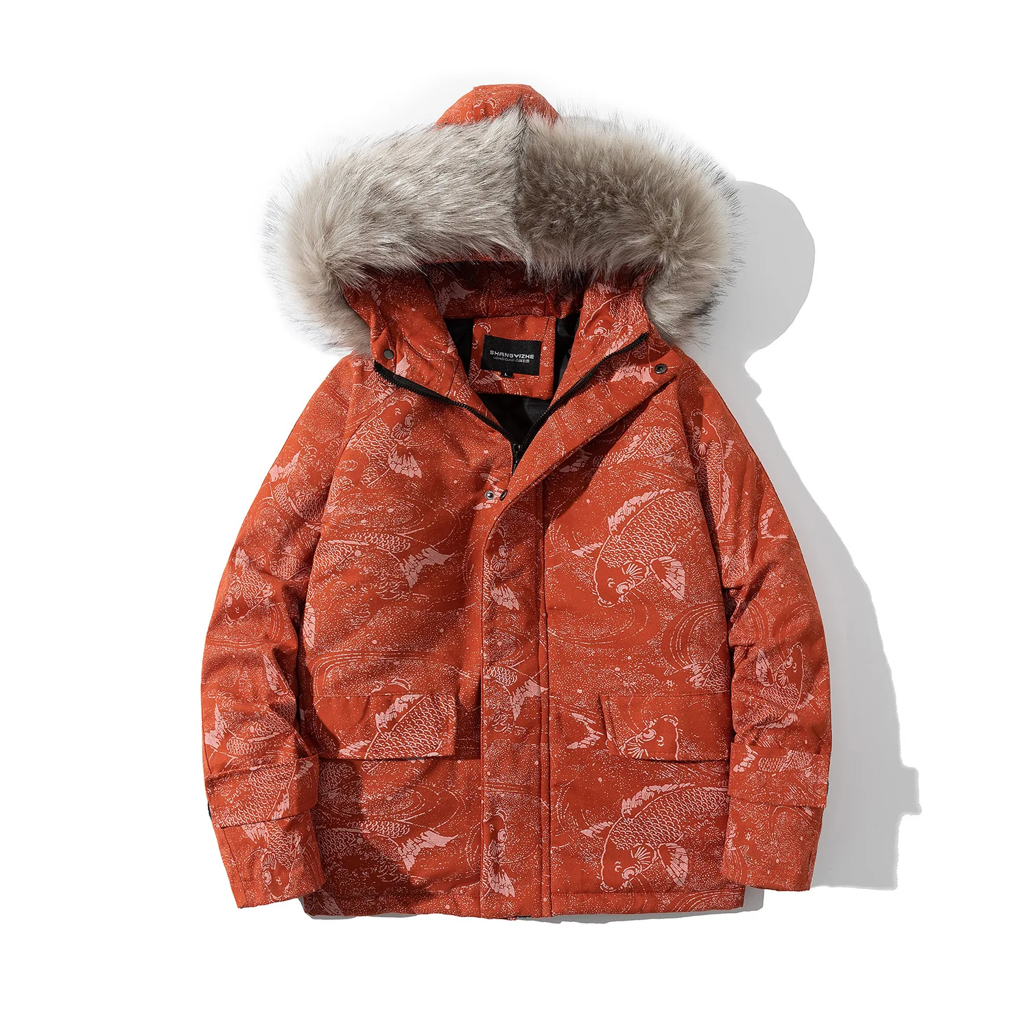 

Men's Padded Jacket Thicken Winter Warm Coat Hooded with Faux Fur AW21 Brocade Carp Printed Casual Parka Jacket Male Clothes