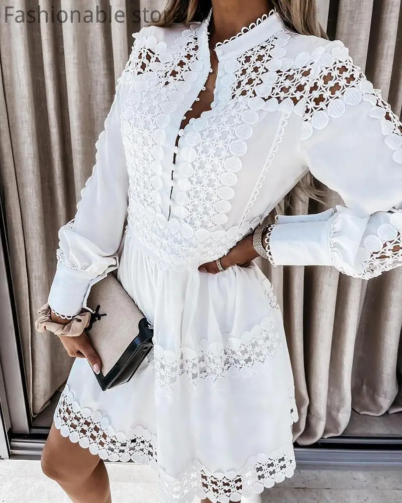 

Women Elegant Long Sleeve Hollow Out Lace Patchwork Dress