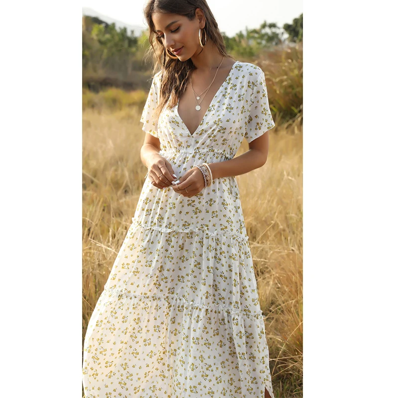 Женское богемное платье с цветочным принтом V-образным вырезом | Женская одежда