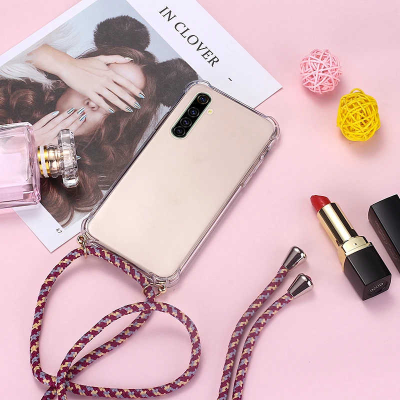 Luxury Lanyard Silicone Phone Case For Realme 9 8 7 6 5 5i 3 2 X50 XT X2 X Lite Pro C3 C2 Ultra-thin Necklace Rope Cover Coque