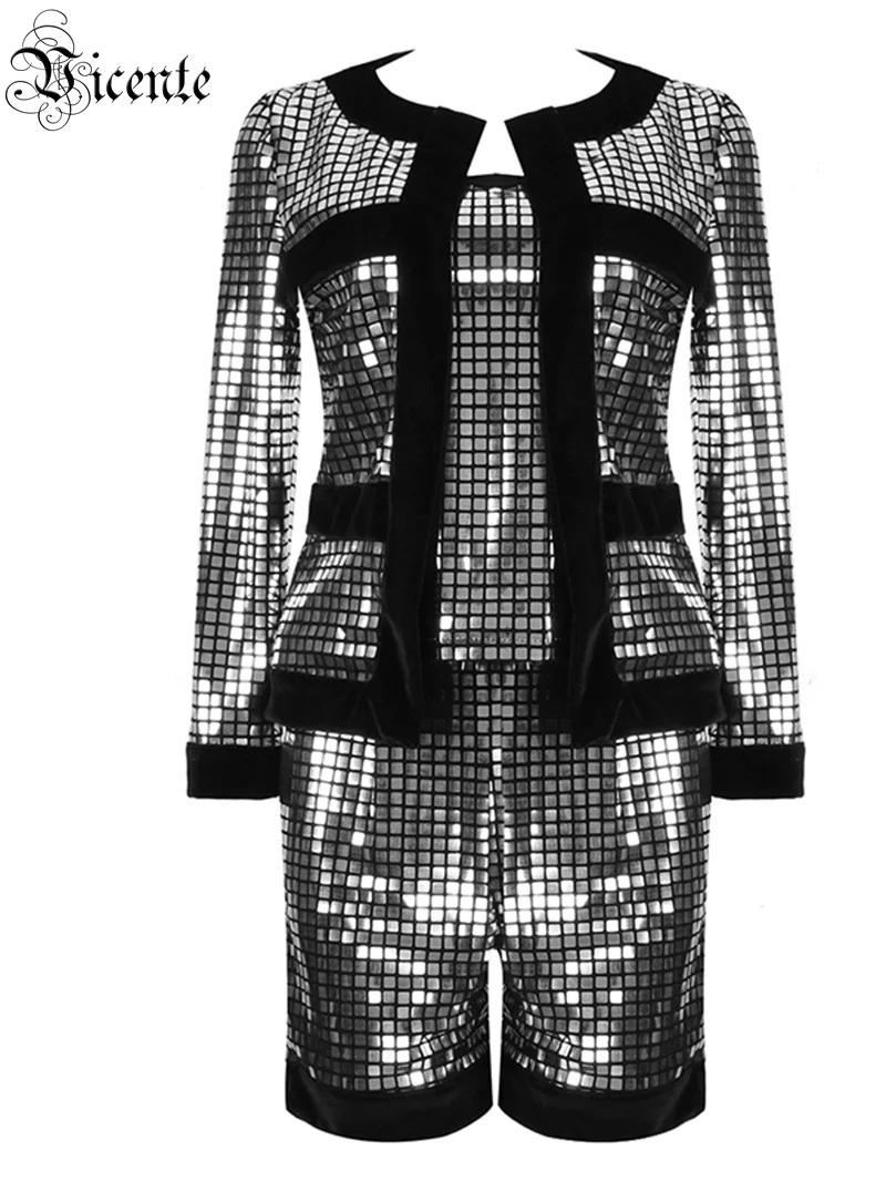 Женский клетчатый костюм из трех предметов вечерние Серебристые топы и шорты с