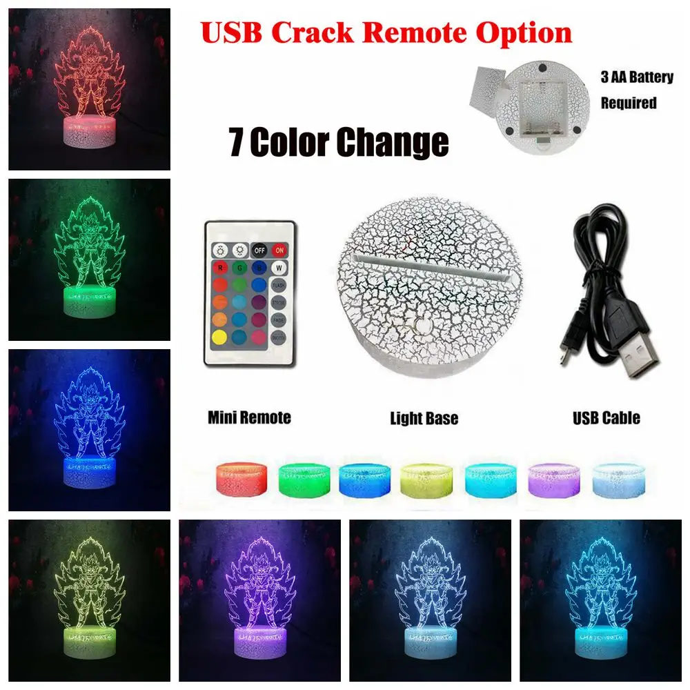 Crack Remote 7 color Многоцветный градиент мечты Скандинавская креативная настольная лампа Dragon Ball Saiyan son Wukong Anger Action Picture светодиодный USB 3D ночник - Испускаемый цвет: Crack Remote 7 color