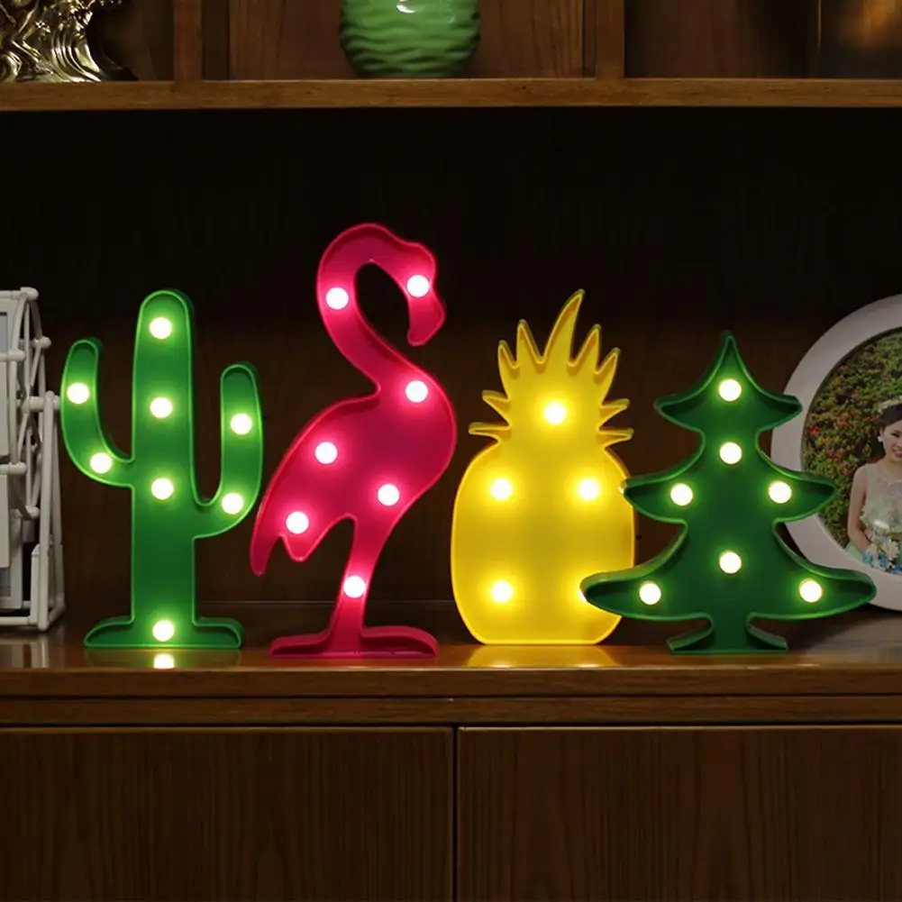 

Настольная Светодиодная лампа с 3d-рисунком фламинго, кактуса, ананаса, рождественской елки, ночсветильник с питанием от батарейки для дня р...
