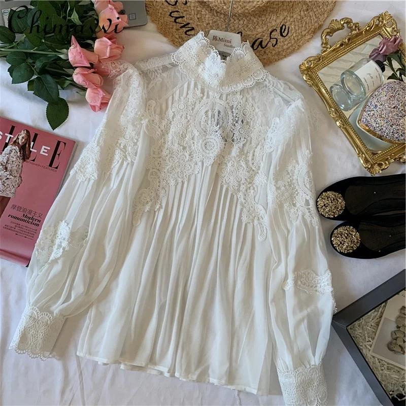 

2021 Autumn New French Romantic Palace Style Lace Hollow Pleated Shirt Loose Slimming Temperament Lantern Sleeve Chiffon Blouse