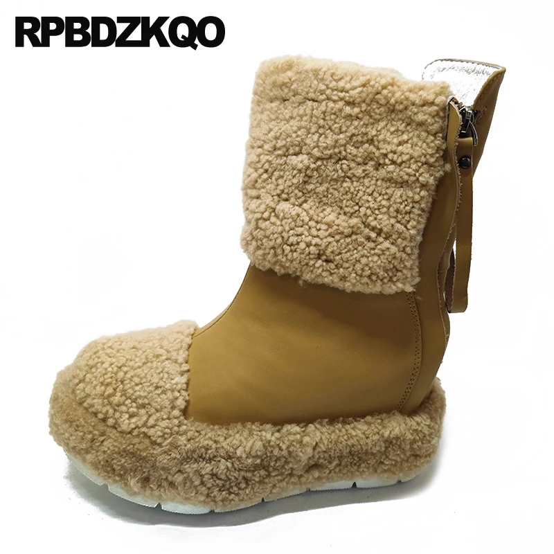 Сапоги женские зимние из овечьей шкуры на высоком каблуке с натуральным синим