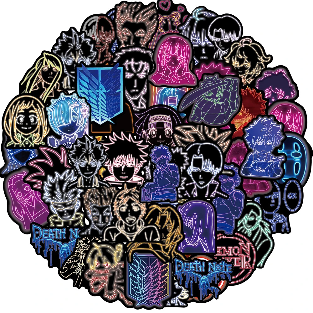 

10/30/50PCS Cool Neon Light Anime Stickers Attack on Titan Demon Slayer Jujutsu Kaisen Fridge Guitar Suitcase Graffiti Sticker