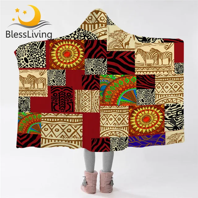 BlessLiving Ethnic Hooded Blanket African Animal Microfiber Blanket Geometric Patchwork Wearable Blanket Zebra Giraffe Manta 1