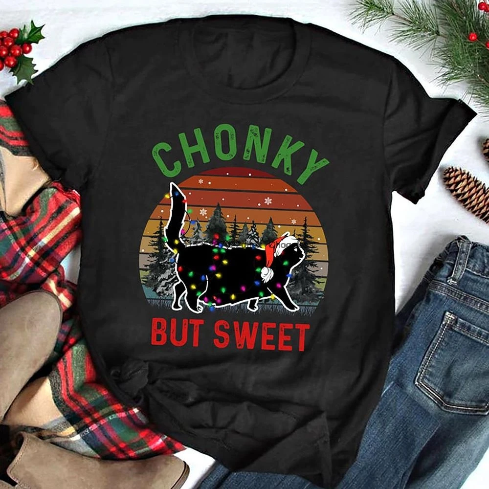 Chonky But Sweet Obese Fat Cat Vintage Chubby Kitten Christmas футболки с рождественским принтом - купить по