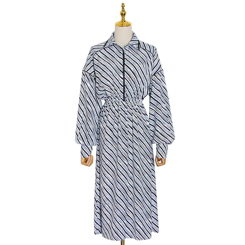 

Fashion stand collar lace-up loose stripe long long sleeve dress