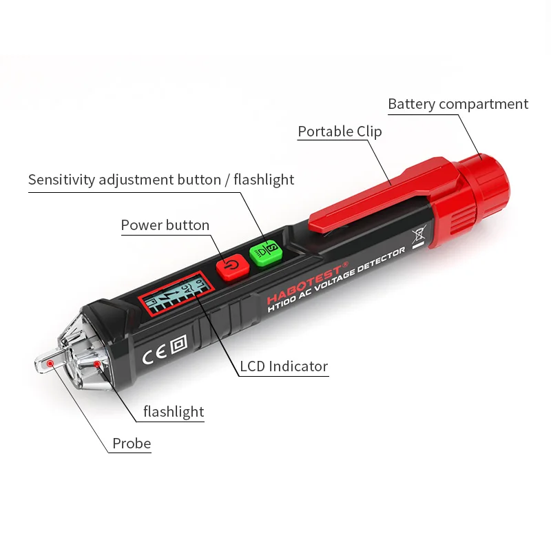 Bolígrafo Detector de voltaje de CA sin contacto, alta sensibilidad, 50-60Hz, CA, 12-1000V, estilo, probador de voltaje, alarma LCD, autoprueba