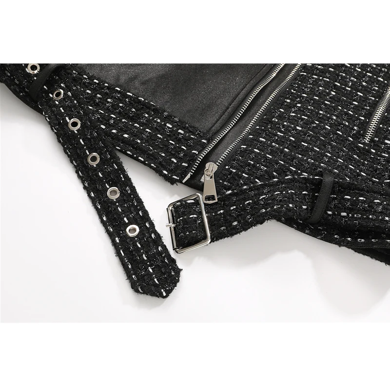 

Black Women Jacket Coat Streetwear Autumn Winter Patchwork Tweed Female Punk Moto Biker With Belt Outerwear Faux Leather Jackets