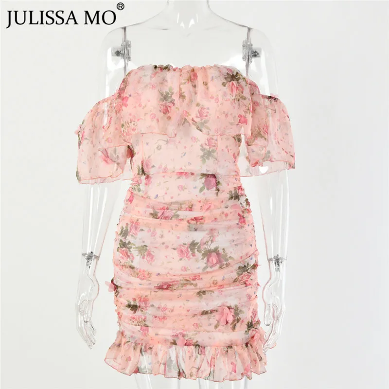 Розовый Julissa mo сексуальное платье с открытыми плечами и цветочным принтом женское облегающее короткое платье с оборками на рукавах элегантные женские вечерние платья с открытой спиной Vestidos - Цвет: Розовый