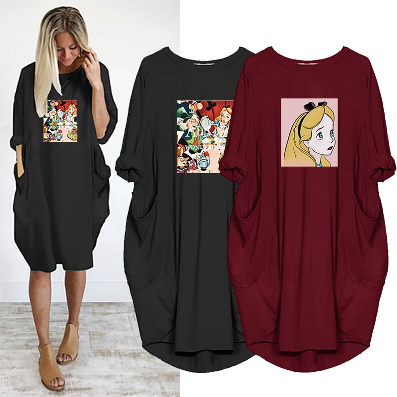

Disney Vintage Dresses Princess Women Alice Print Midi Dress Long Sleeve Pockets Casual Robes Femme Autumn Vintage Vestidos
