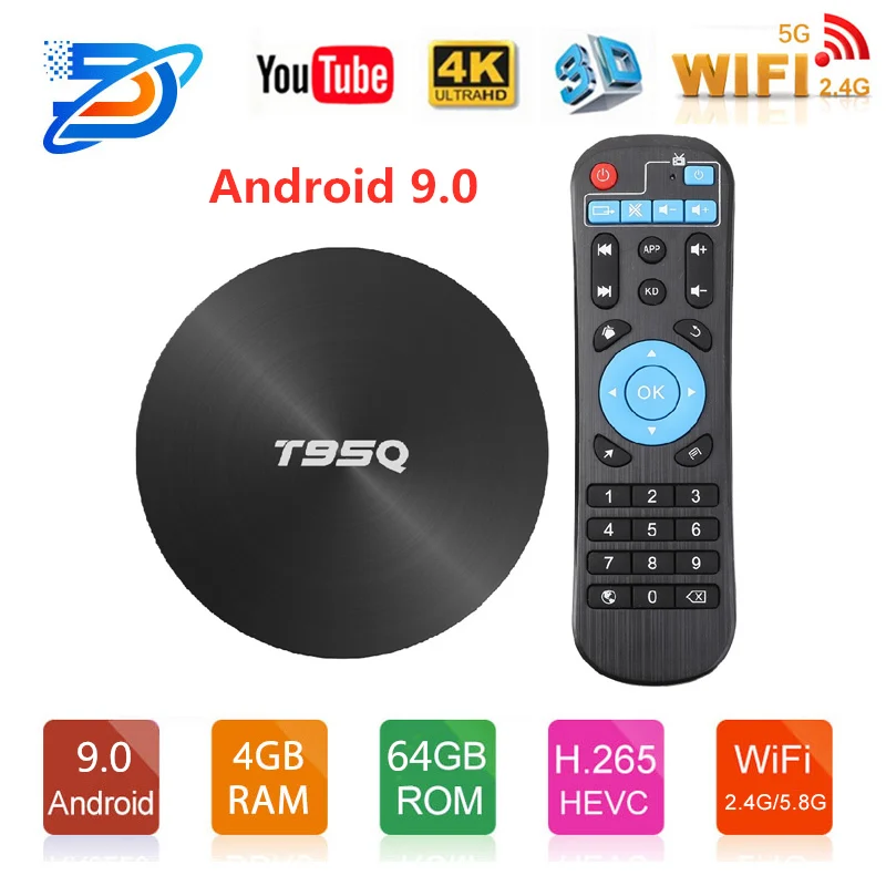 ТВ приставка Android 9 0 T95Q Box 4 Гб 64 ГБ DDR3 Amlogic S905X2 четырехъядерный 2 ГГц и 5 двойной Wifi