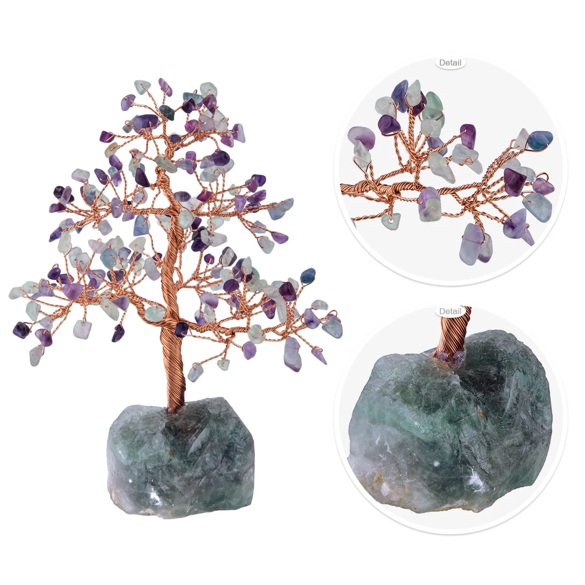 TUMBEELLUWA 7''Chakra Healing Crystal Copper Money Tree,Natural Rough Stone Base Crystal Tree Feng Shui Luck Figurine Decoration