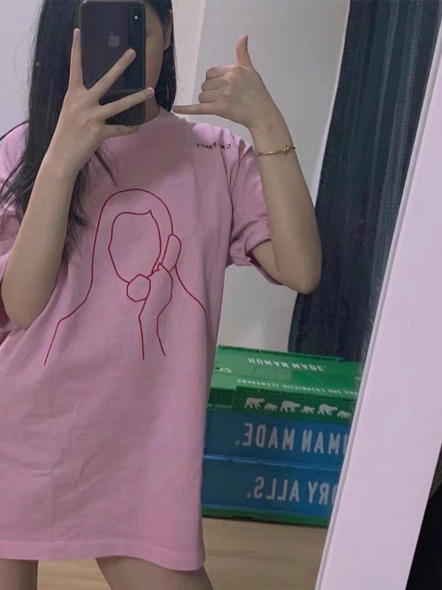 

Summer 2021 Men's and Women's All-match Pink Batik Washed Flocking Human Short-sleeved Reflective Short-sleeved Face T-shirt