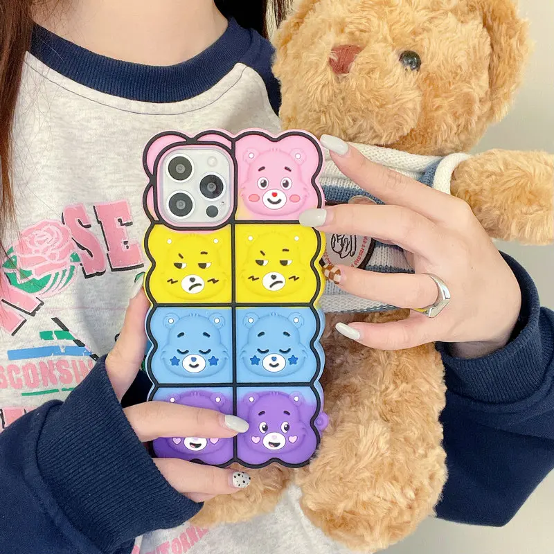 

Korea 3D Cartoon Cute Bear Stress Reliever Phone Case For iPhone 13 12 11 Pro XS Max XR X 6 7 8 Plus Shockproof Soft Back Cover
