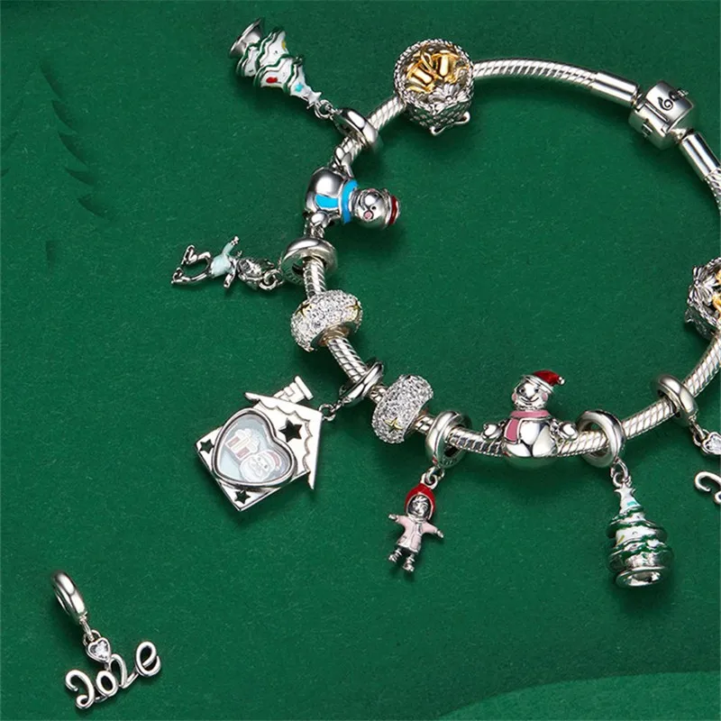 Подходит для браслета Pandora Серебро 925 CZ Колокольчик для елки украшения-Снеговички S925 Подарочный дом цветок бисер для изготовления ювелирных изделий