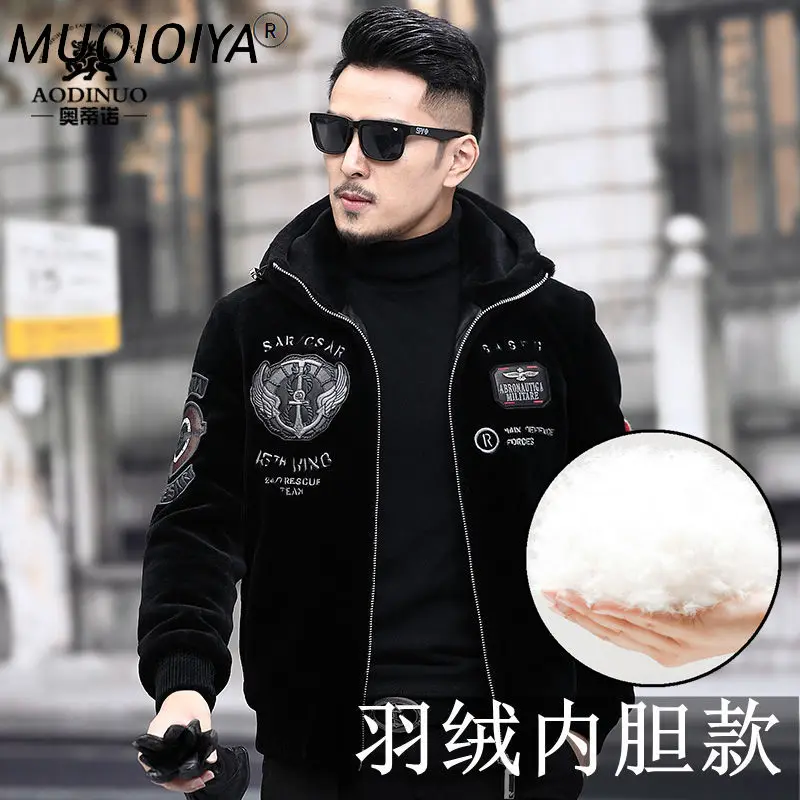 

MUOIOYIA 100% Real Sheep Shearling Jacket Men Winter 2022 Hooded White Duck Down Coat Male Baseball Uniform Abrigo Hombre Gxy809