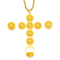 high quality 24 k fine solid gold filled necklace earrings ring large scale cross pendant jewelry sets womens