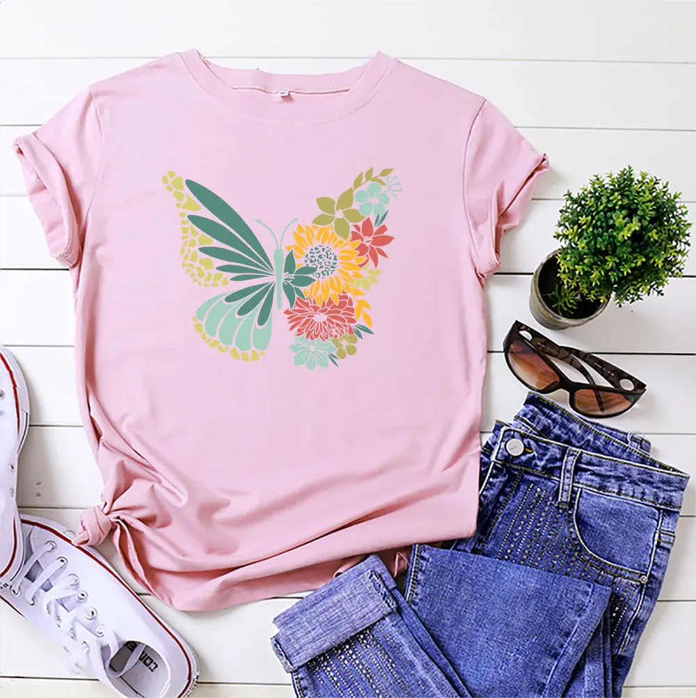 

Casual Fashion Butterfly Flower T-shirt 100%Cotton Summer Women Print T Shirt Female O Neck Short Sleeve Graphic Basic Top Tee