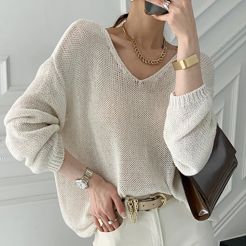 

Knitted Loose O Neck Ladies Top 2021 Summer Korean Hollow out ice wire v collar Thin knitted Sweater Casual Women Sweater 879H