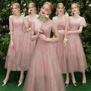 Bridesmaids Dresses Illusion Halter Short A-Line Sequined Ankle-Length Lace Tulle Off The Shoulder Women Wedding Party Gown E218