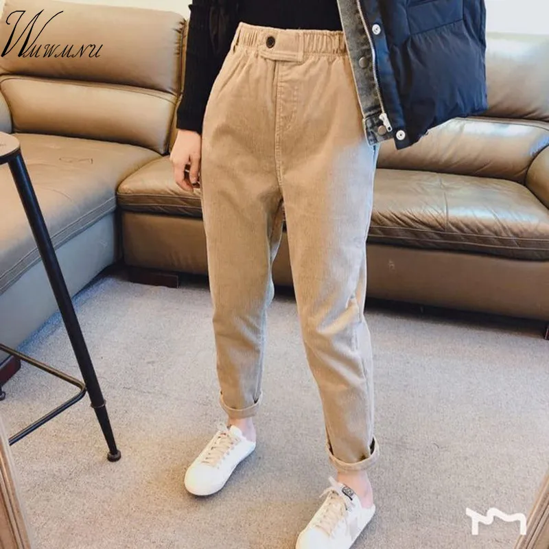 Vintage Women Corduroy Harem Pants Solid High Wait Loose Casual Ankle-Length Autumn New Elastic Waist Korean Version | Женская одежда