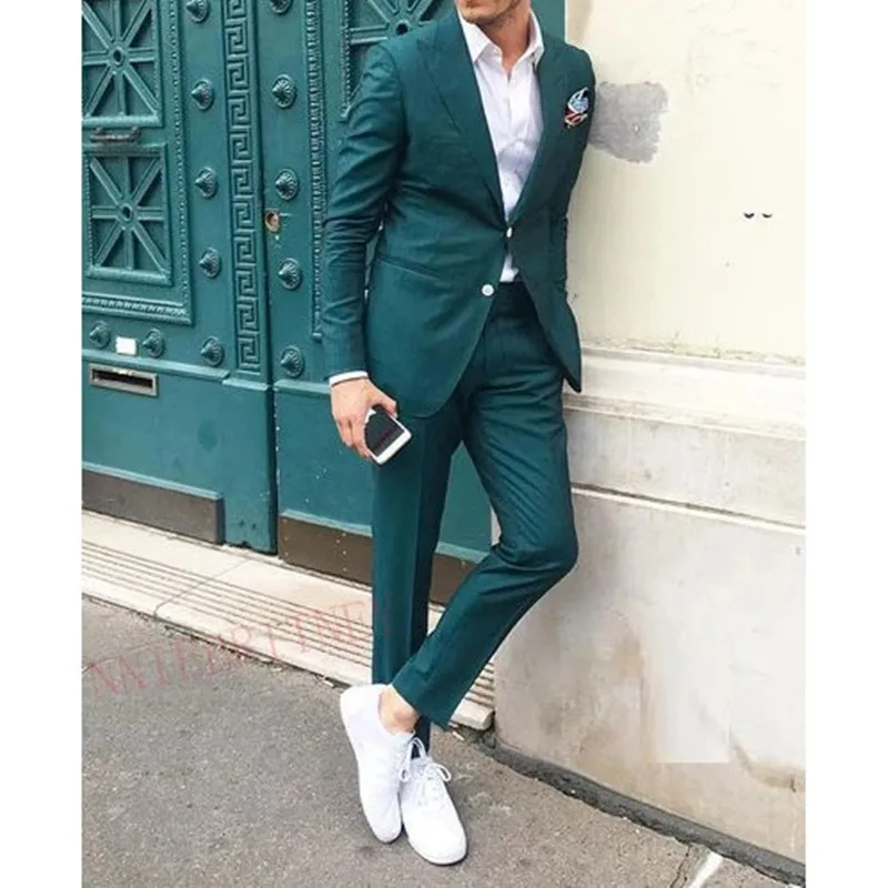 

2022 стильная зеленая пиковая лацкана, однобортная Женская Блестящая смокинг для мужчин, облегающая Деловая одежда, 2 предмета