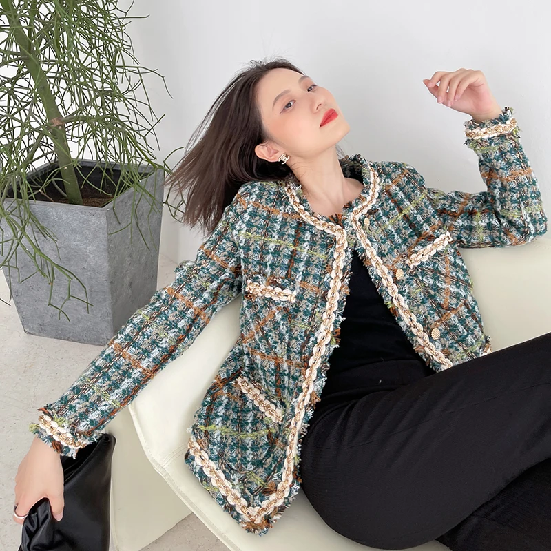 Женская короткая твидовая куртка 2022 Зима Весна Новый элегантный круглый