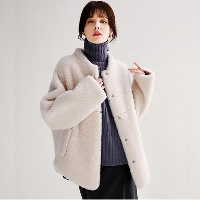 beige Новинка Натуральная Овечья шуба женская куртка из натурального меха пальто из натуральной шерсти кожаная подкладка большой размер F1114 - Цвет: beige