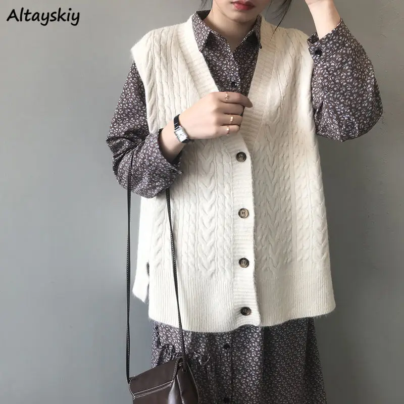 

Women Single Breasted Sweater Vest Vintage Solid Knitting Loose Leisure Japanese Style Teenagers Females Jumpers All-match Chic