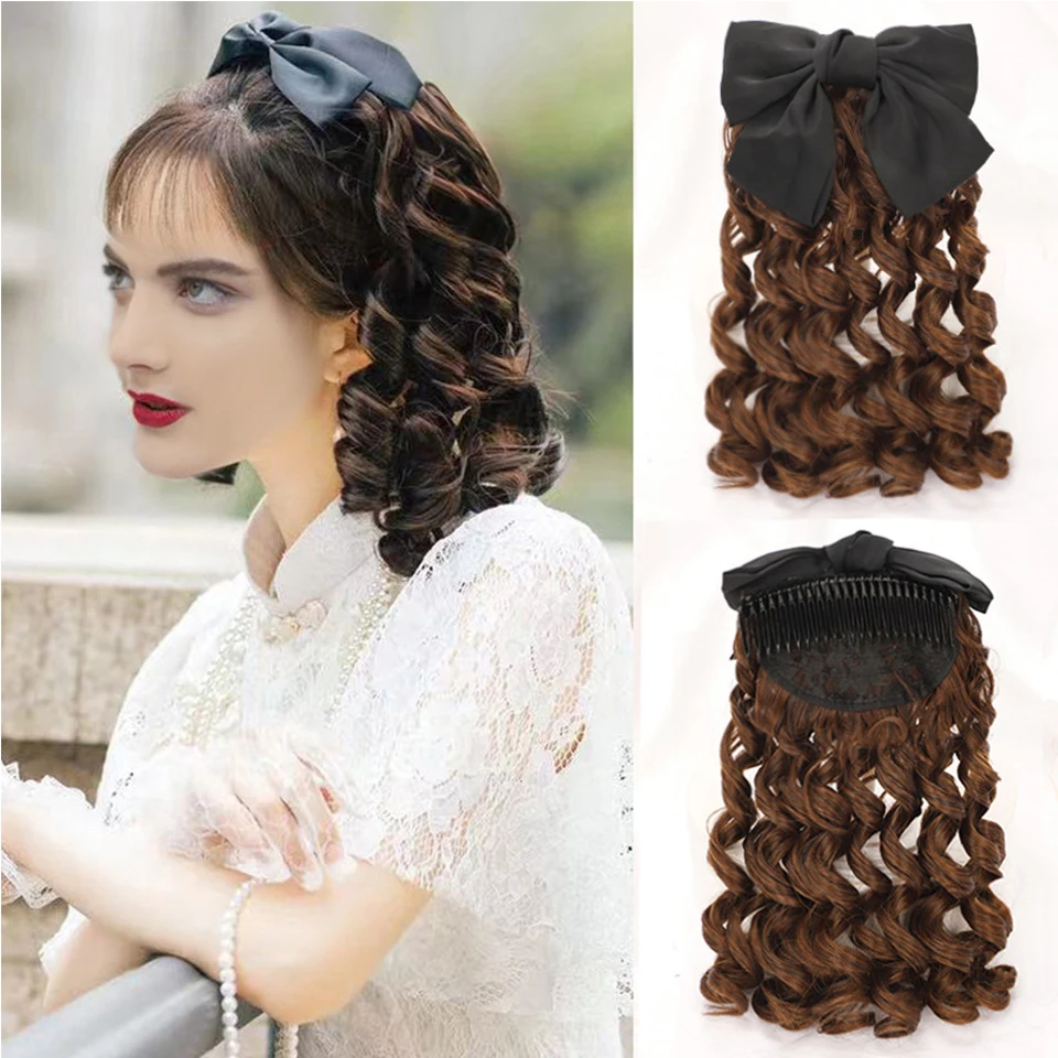 AOSIWIG Ladies Roman Princess Bow Short Ponytail Curly Hair Wig Natural Synthetic Chemical Fiber Wig