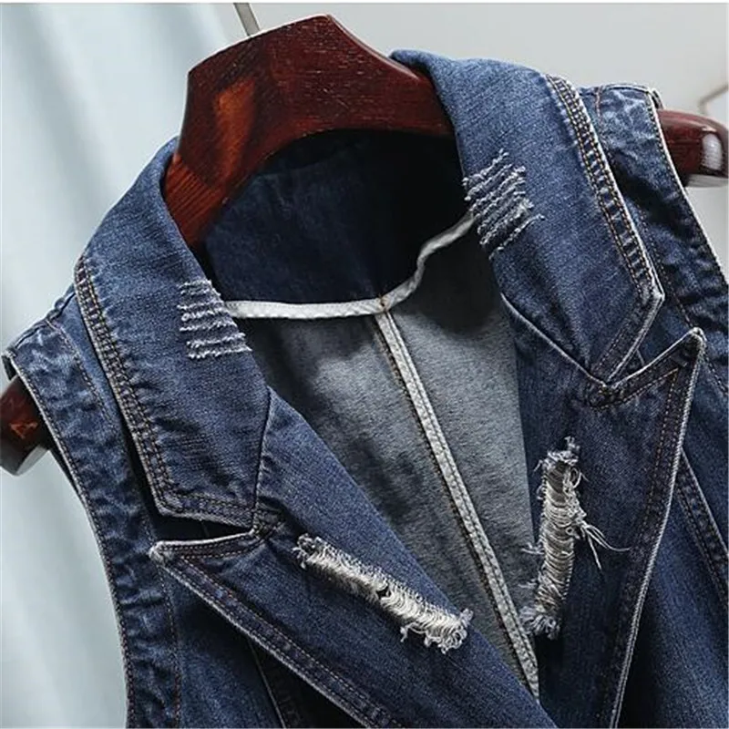 Женский Длинный джинсовый жилет двубортный без рукавов с бахромой и дырками 2021 |