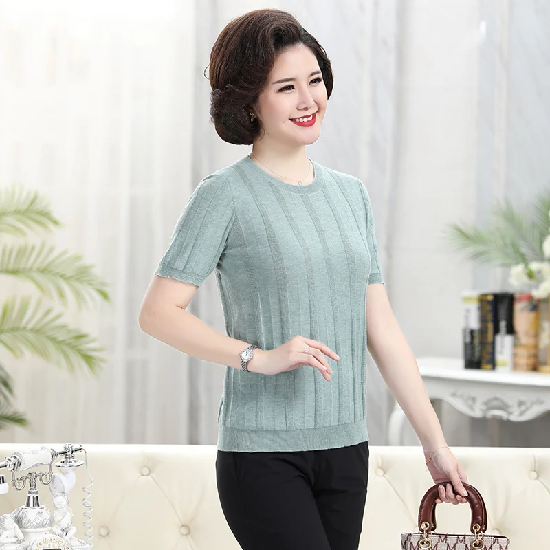 

Pure wool T-shirt 2021 summer new short-sleeved ladies round neck pullover fashion loose knit plus size top 4 colors available